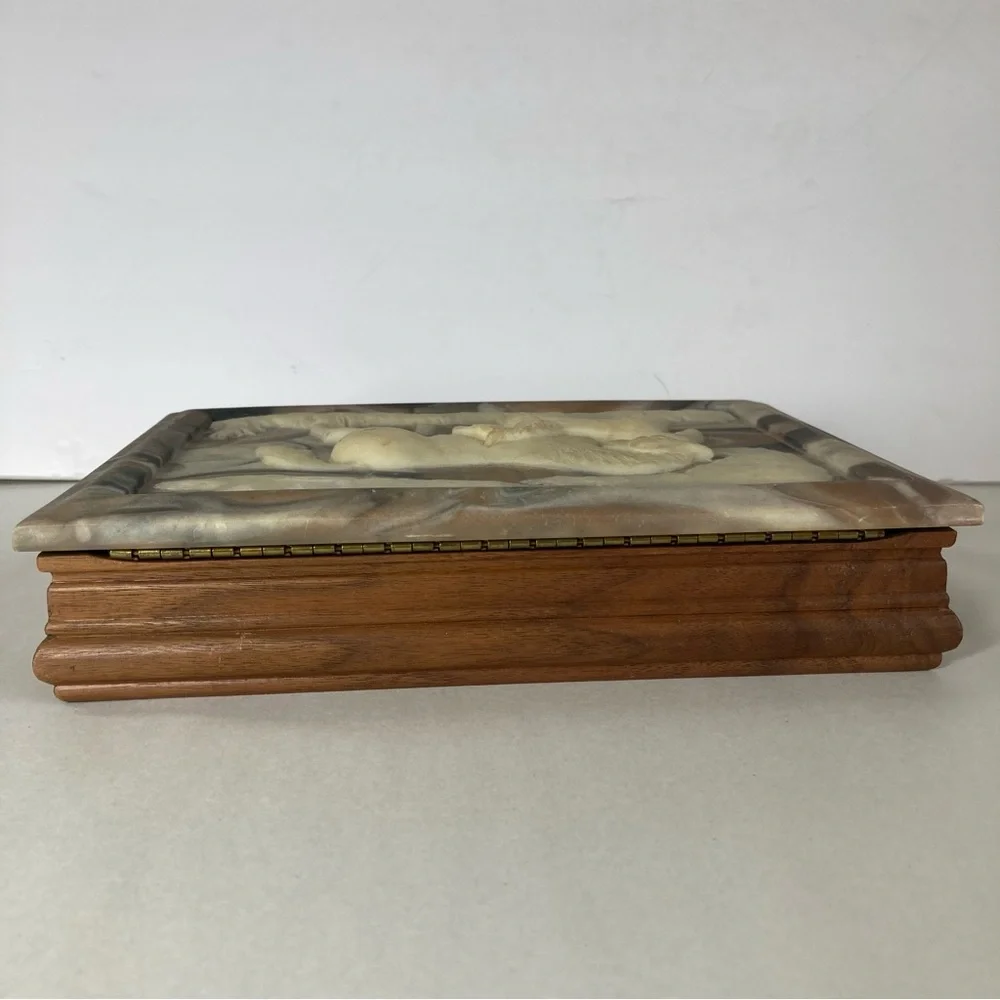 Incolay Stone Jewelry Box Vintage Dante Carved USA Made Horses American Walnut